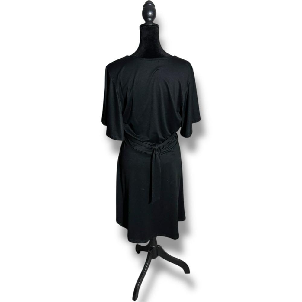 Velvet Torch Black Short Flutter Bell Sleeve Wrap Style V-Neck Midi Dress - Picture 5 of 16